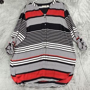 Chicos Top Women's Size 2 Red/Black White Stripe Tunic Roll Tab Sleeve Button Up
